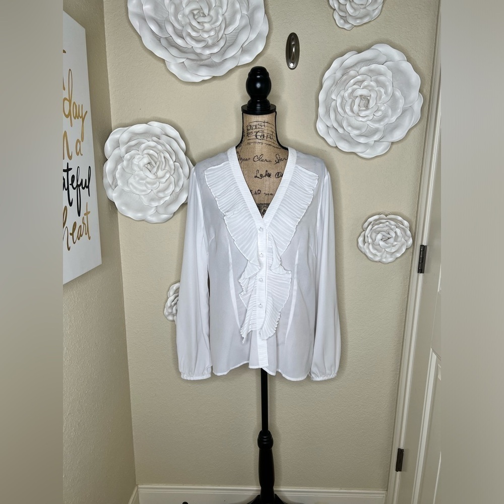 Boston Proper White Sheer Button Down Ruffle Feont Blouse with Darts Sz 16 - Picture 2 of 15